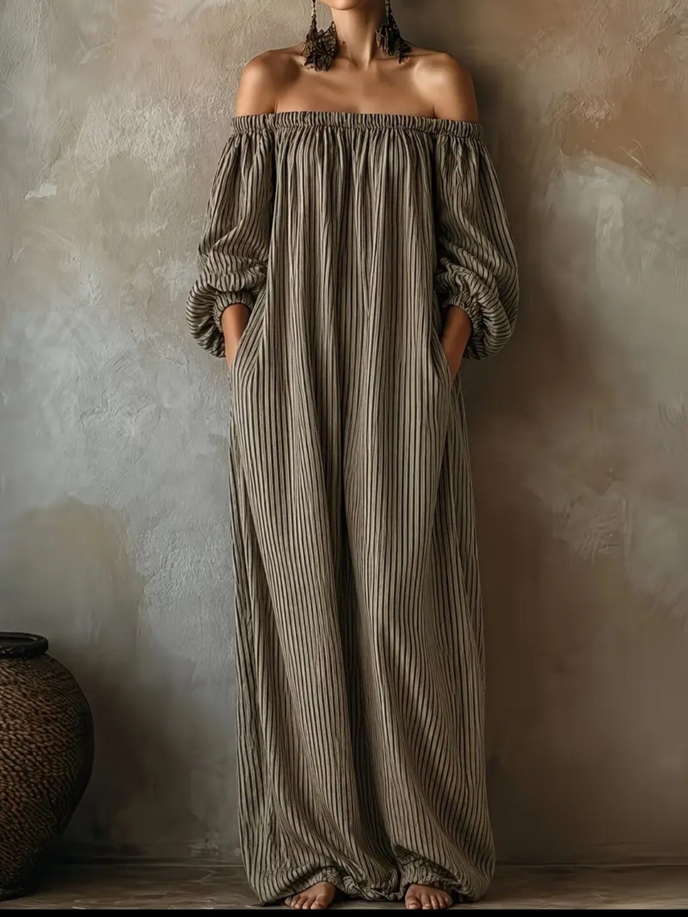 Off-Shoulder Striped Maxi Dress in Taupe